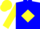 Blue, yellow diamond, yellow sleeves, yellow cap