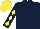 DARK BLUE, yellow diamonds on sleeves, yellow cap