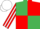 Emerald green and red (quartered), red and white striped sleeves, white cap