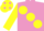Mauve, large Yellow spots and sleeves, Yellow cap, Mauve spots