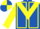 ROYAL BLUE, yellow chevron, yellow seams on sleeves, quartered cap