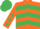 ORANGE & EMERALD GREEN CHEVRONS, emerald green stars on sleeves, emerald green cap