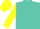 Turquoise, yellow 'P', yellow sleeves, yellow cap