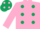 PINK, dark green spots, pink sleeves, dark green cap, pink spots
