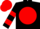 Black, red disc, hooped sleeves, red cap