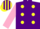 PURPLE, yellow spots, pink sleeves, purple & yellow striped cap