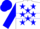 White, blue stars, blue hoop, blue star on sleeves, white and blue cap