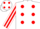 WHITE, red spots, striped sleeves, white cap, red spots