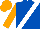 Royal blue, white sash, orange sleeves, orange cap