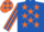 Royal blue, orange stars, orange and royal blue striped sleeves, orange cap, royal blue stars