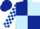 Dark blue and light blue (quartered), checked sleeves, dark blue cap