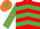Red, Emerald Green chevrons, Emerald Green sleeves, Orange stars, Orange cap, Emerald Green star