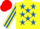 Yellow, Royal Blue stars, striped sleeves, Red cap