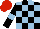 Black and Light Blue check, Black sleeves, Light Blue armlets, Red cap