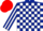 Dark Blue and White check, striped sleeves, Red cap