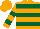 Orange, dark green hoops, dark green hoops on sleeves, orange cap