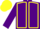 Purple body, yellow seams, purple arms, yellow cap