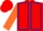 Red body, dark blue seams, orange arms, red cap