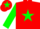 Red body, green star, green arms, red cap, green star