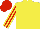 Yellow body, red arms, yellow striped, red cap