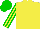 Yellow body, yellow arms, green striped, green cap