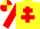 Yellow body, red cross of lorraine, red arms, red cap, yellow quartered