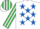White, royal blue stars, emerald green and white striped sleeves and cap