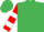 Emerald green, red & white hooped slvs, emerald green cap