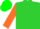 Lime green, orange circled 'a', orange sleeves, green cap