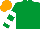 Emerald green, white hooped slvs, white & orange qtd cap