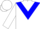 White body, blue chevron, white arms, blue chevron, white cap, blue hooped