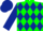 Soft green body, dark blue diamonds, dark blue arms, dark blue cap
