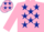 Pink body, dark blue stars, pink arms, pink cap, dark blue stars