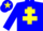 Blue body, yellow cross of lorraine, blue arms, blue cap, yellow star