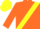 Orange, orange maple leaves on yellow sash, orange maple leaves on sleeves, orange and yellow cap