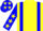 Yellow body, blue braces, blue arms, yellow stars, blue cap, yellow stars
