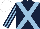 Dark blue body, soft blue cross belts, soft blue arms, dark blue striped, white cap