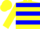 Yellow body, blue hooped, yellow arms, blue hooped, yellow cap, blue hooped