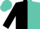 Black and turquoise vertical halves, black sleeves, two turquoise hoops, turquoise cap