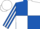 Royal Blue and White (quartered), striped sleeves, White cap