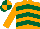 ORANGE, DARK GREEN chevrons, ORANGE sleeves, quartered cap