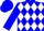 Blue, green and white diamonds, white and blue opposing sleeves, blue cap