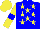 Blue, yellow stars, blue hoop on yellow sleeves, yellow cap