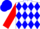 White, blue diamonds, red 'rp', blue diamond stripe on red sleeves, red and blue cap
