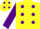 YELLOW, purple spots & sleeves, yellow cap, purple spots
