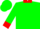 Green, red chili pepper on back, red cuffs & collar