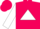Hot pink, pink, yellow & blue 'tss' on white triangle on back, blue, yellow & pink triangles on white sleeves