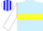 Light blue, yellow hoop, white sleeves, lt blue & white striped cap