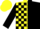 Yellow and black diagonal halves, black 'k', yellow 'f', black blocks on sleeves, yellow cap