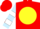 Red, yellow disc, light blue and white bars on sleeves, red cap